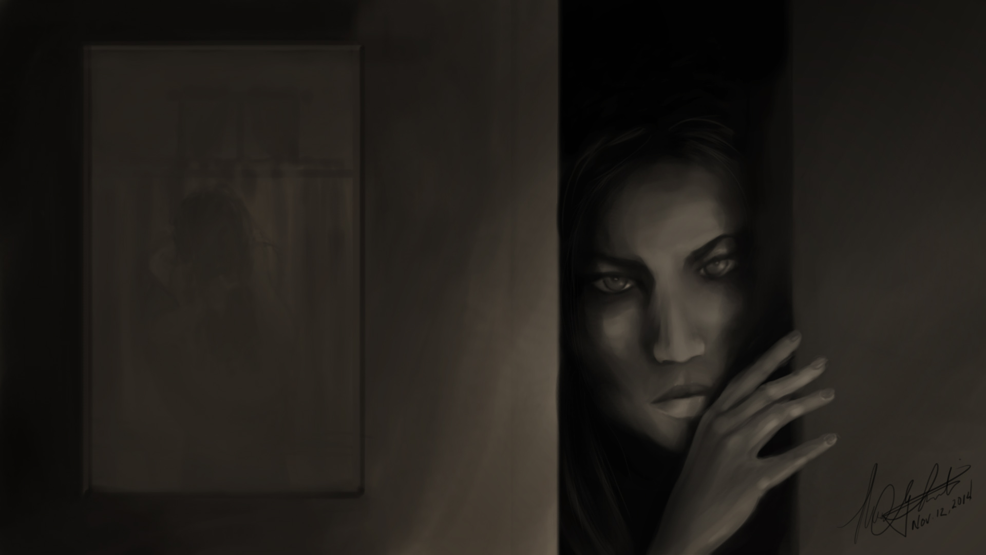 A mysterious woman peering from behind a door, with intense eyes and a haunting expression.