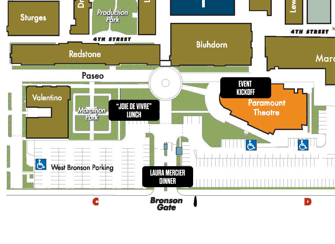 Event map featuring Paramount Theatre, Joie de Vivre lunch, and Laura Mercier dinner locations.