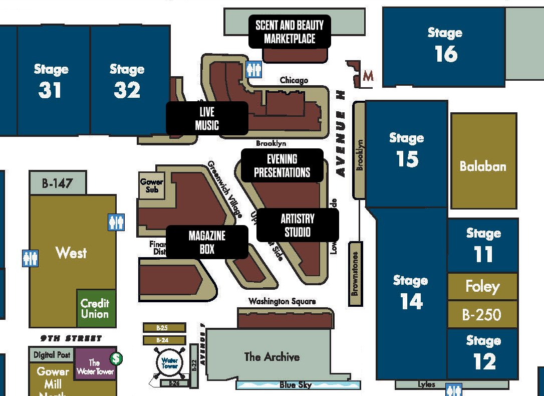 Event map with stages, live music, presentations, and marketplace locations.