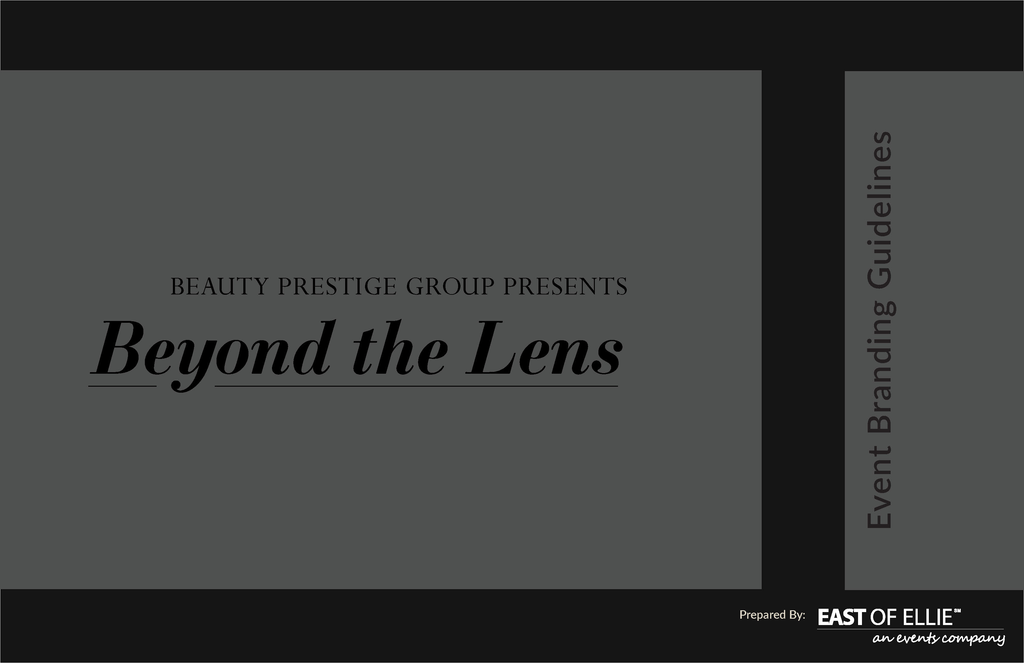 Beauty Prestige Group's event branding guidelines titled 'Beyond the Lens'.