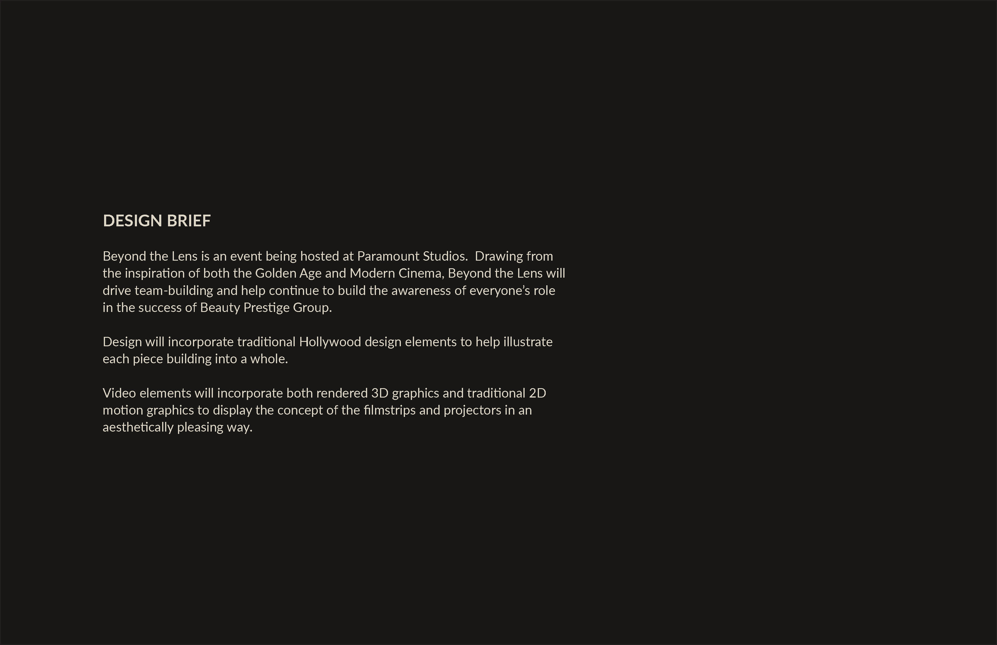 Design brief for 'Beyond the Lens' event at Paramount Studios, focusing on Hollywood themes and graphics.