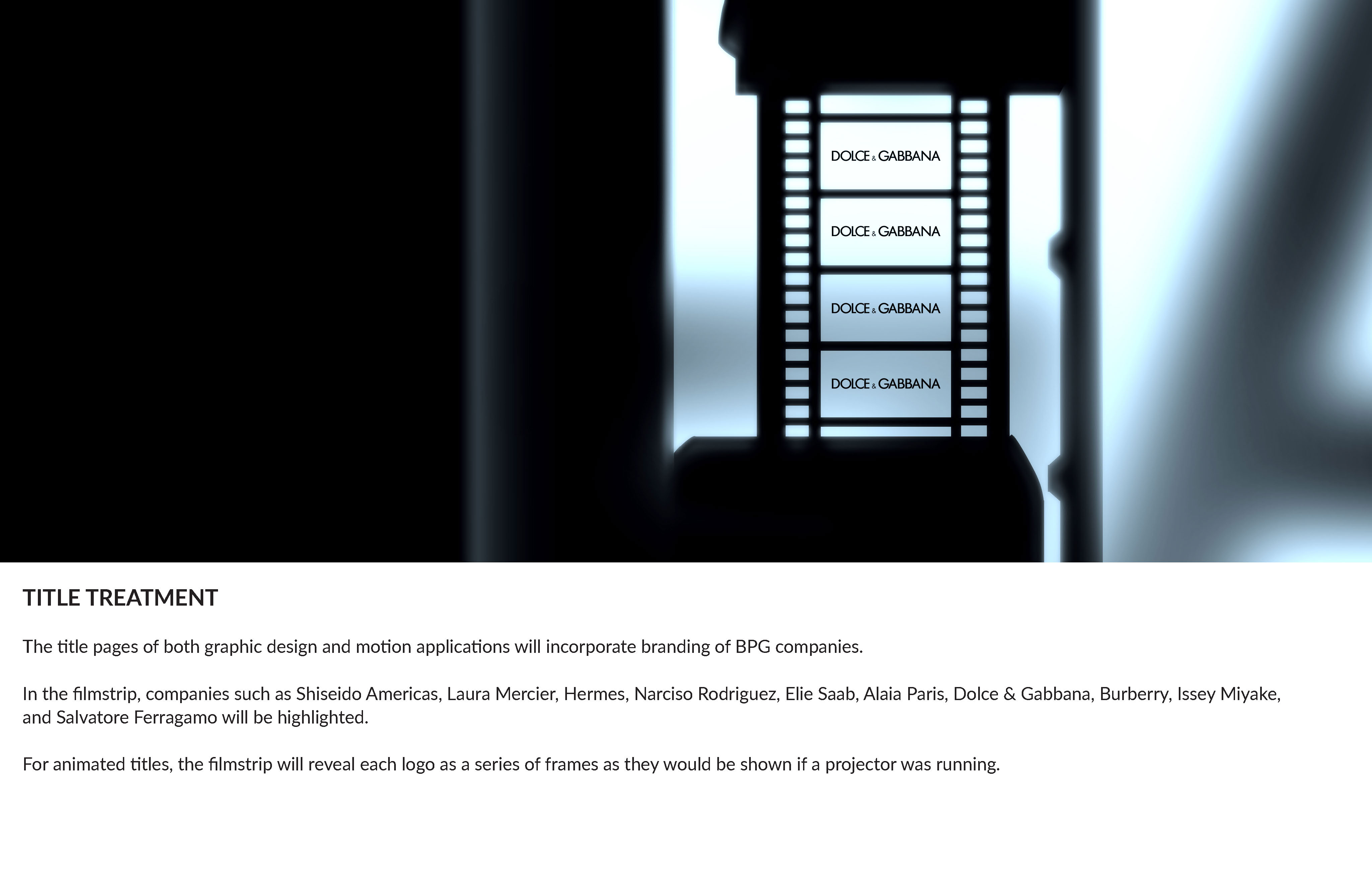 Filmstrip displaying logos of Dolce & Gabbana and other fashion brands against a dark background.