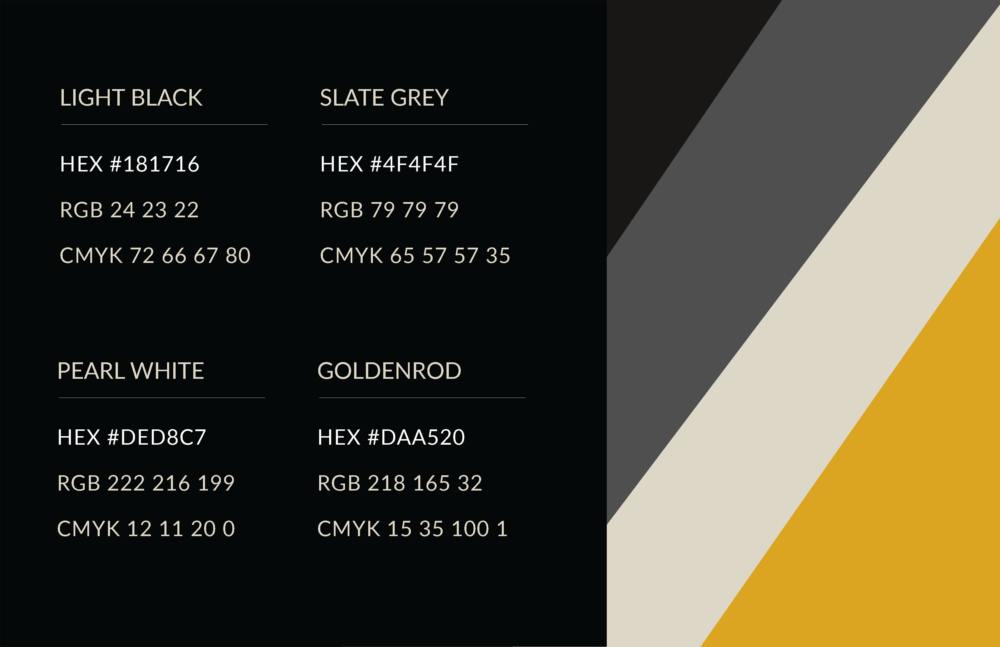 Color palette showcasing Light Black, Slate Grey, Pearl White, and Goldenrod with color codes and values.