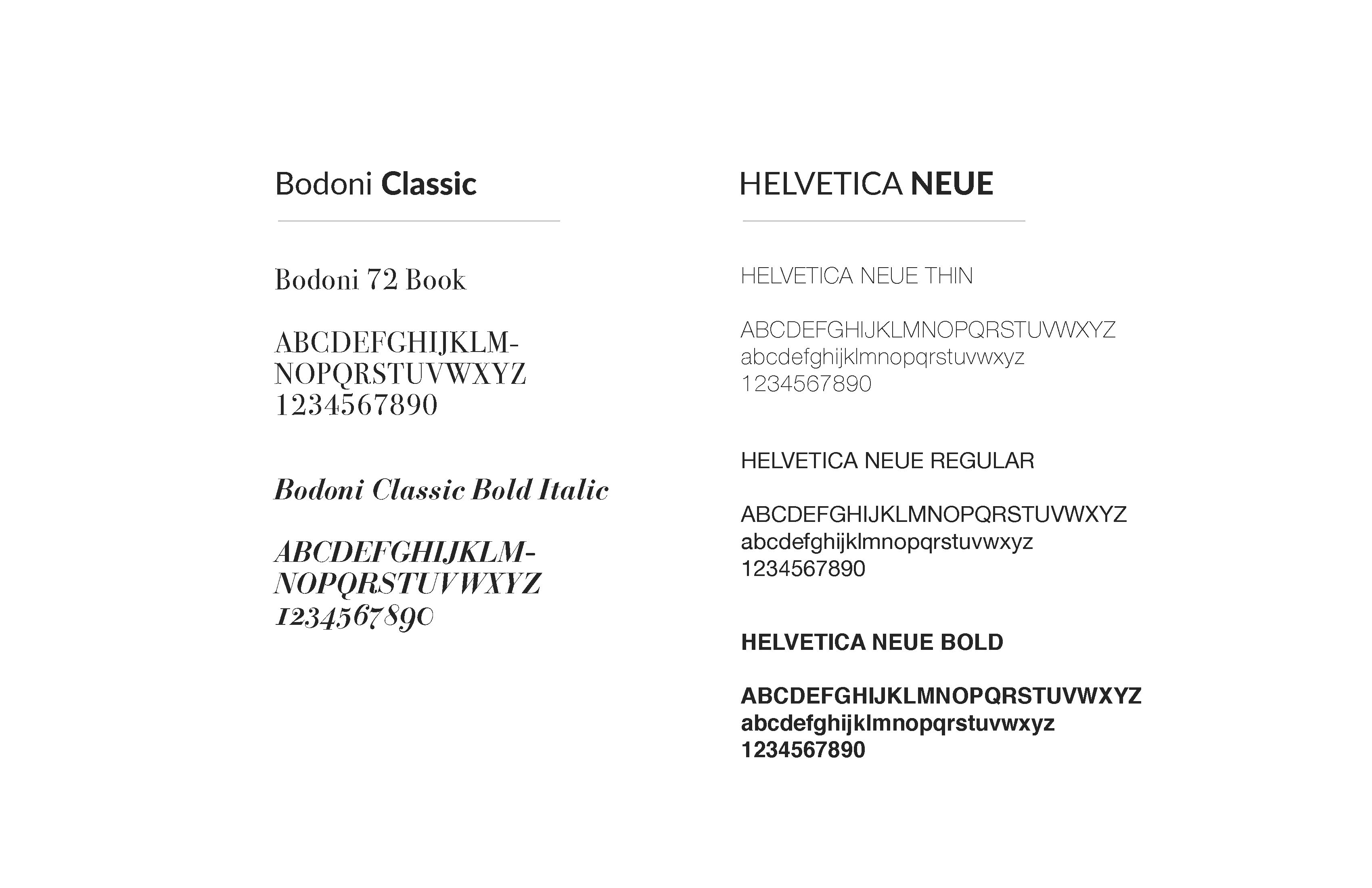 Font sample displaying Bodoni Classic and Helvetica Neue typefaces with character set examples.