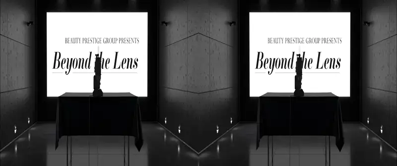 Event display for 'Beyond the Lens' by Beauty Prestige Group in a sleek black venue.