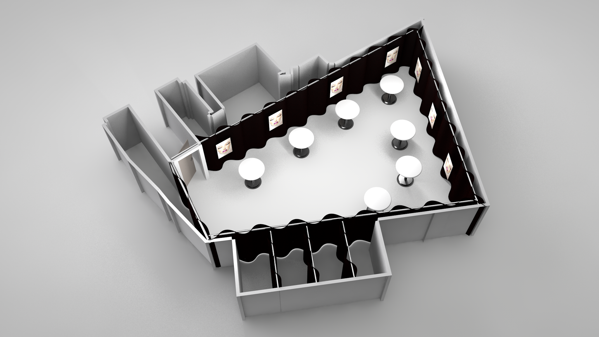 Top view of a modern exhibition booth with tables and display panels.