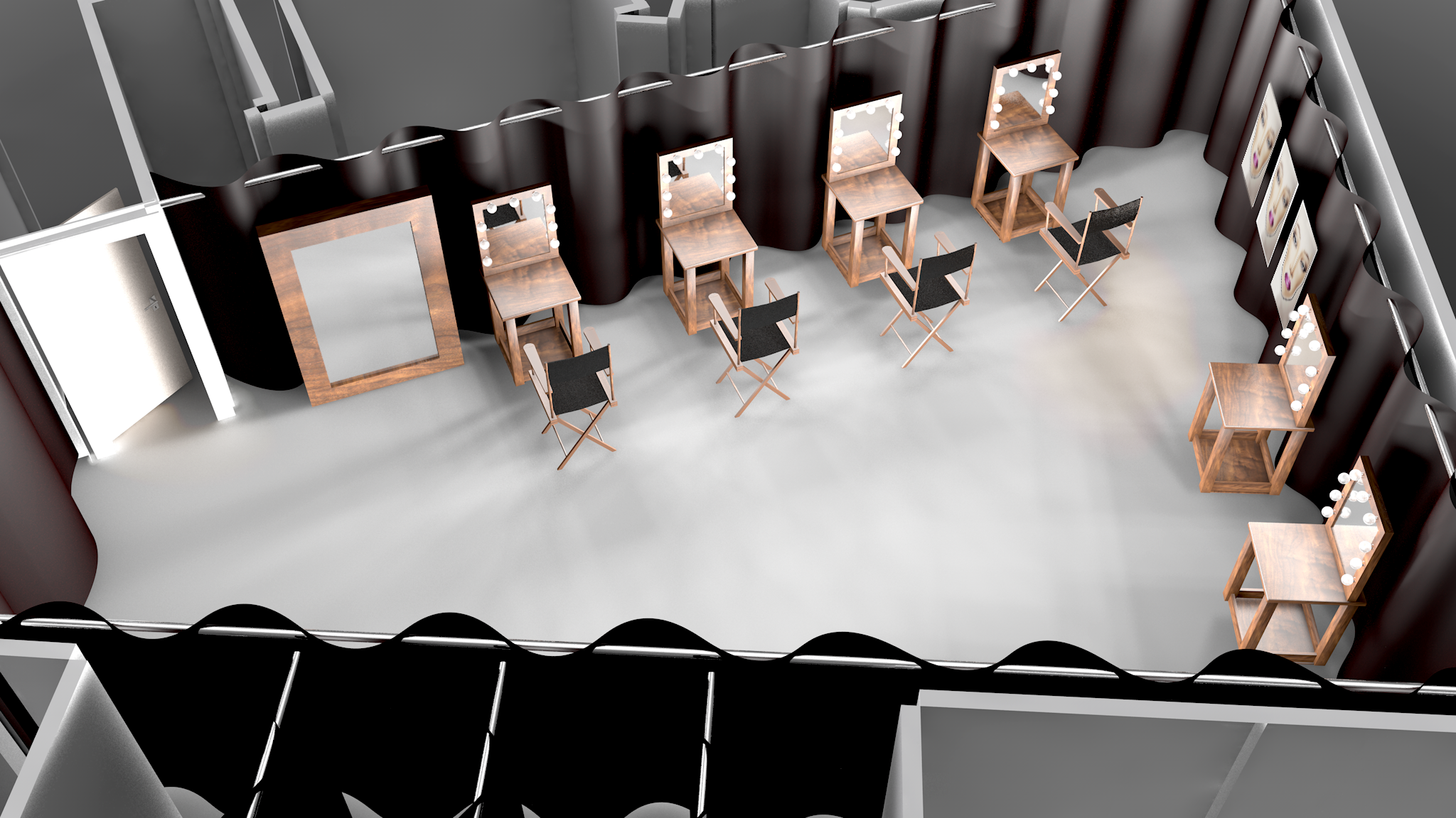 Stylish makeup artist studio with mirrors, chairs, and lights for beauty preparation.