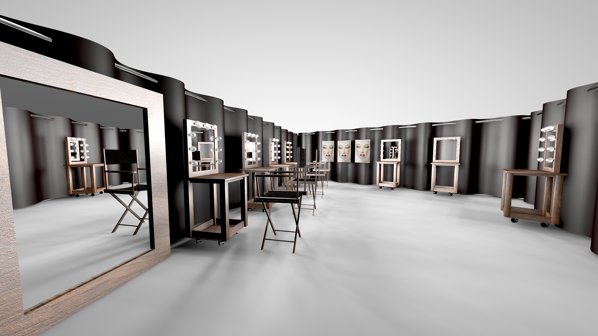 Modern makeup studio interior with mirrors, chairs, and creative lighting setup for beauty professionals.