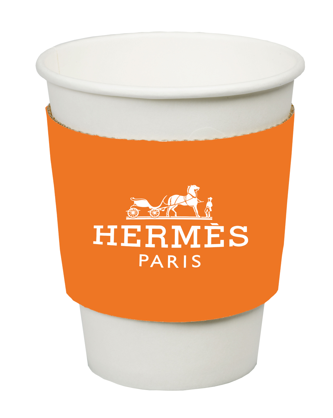 Hermès Paris coffee cup with iconic orange sleeve featuring the brand logo.