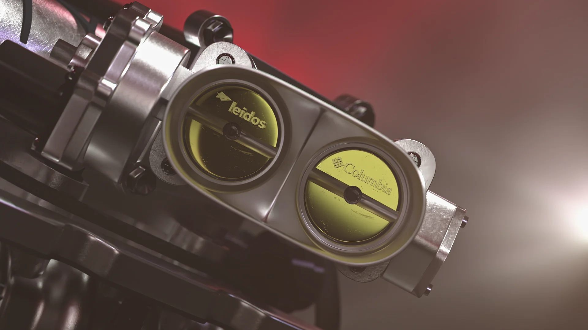 Close-up of a throttle body featuring Leidos and Columbia branding.