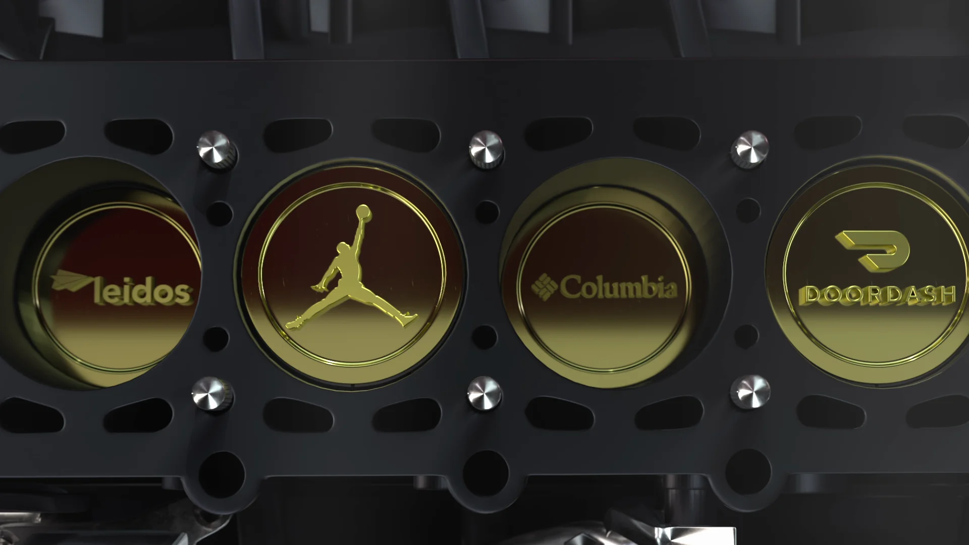 Close-up of branded circular medallions featuring Leidos, Columbia, and DoorDash logos.