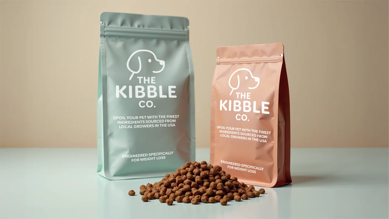 Two bags of pet food from The Kibble Co. with kibble spilled in front.