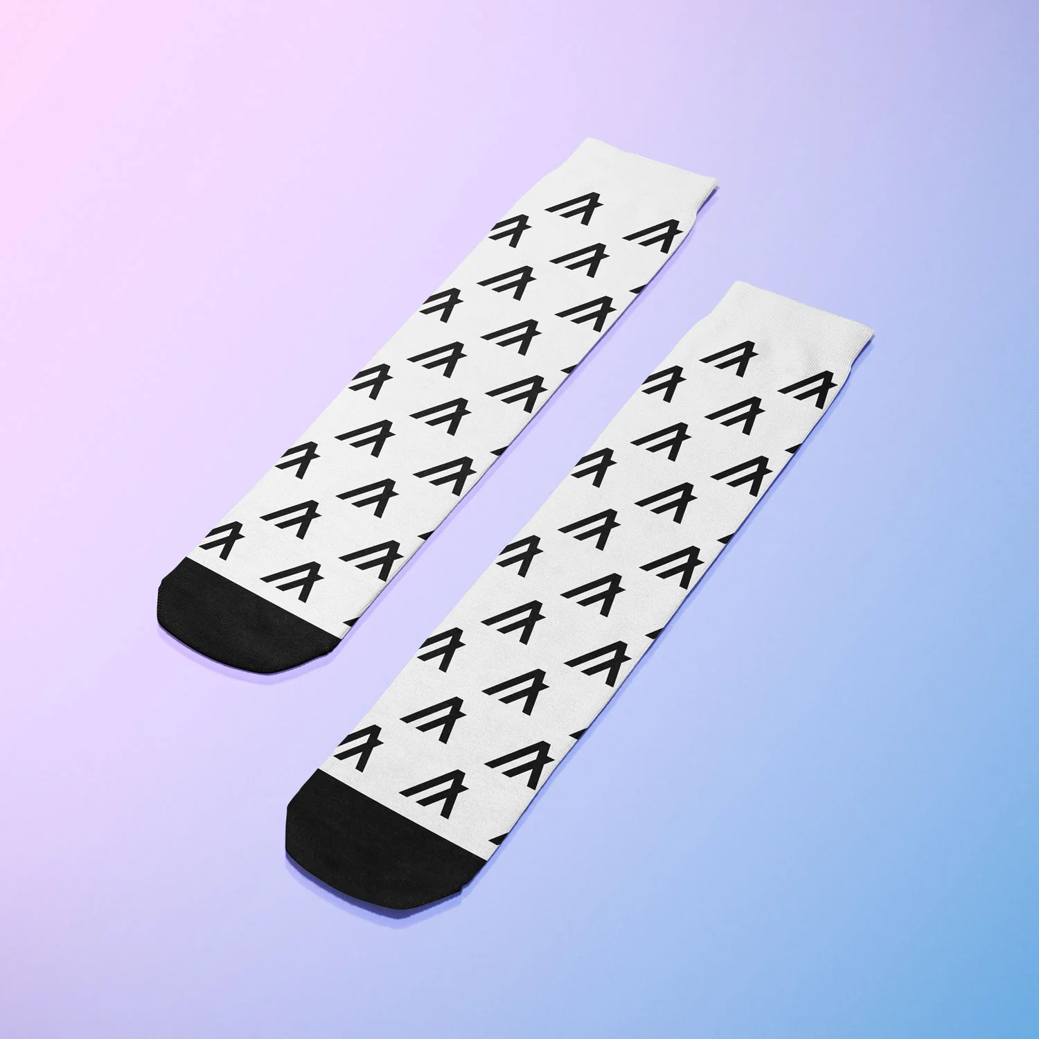 Stylish white Algorand socks with black arrow patterns on a gradient background.