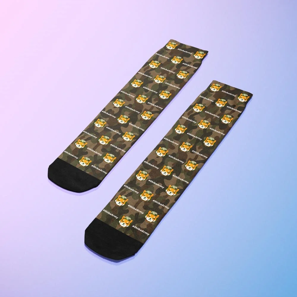 Fun camouflage socks featuring Shiba Inu designs for trendy, casual wear.