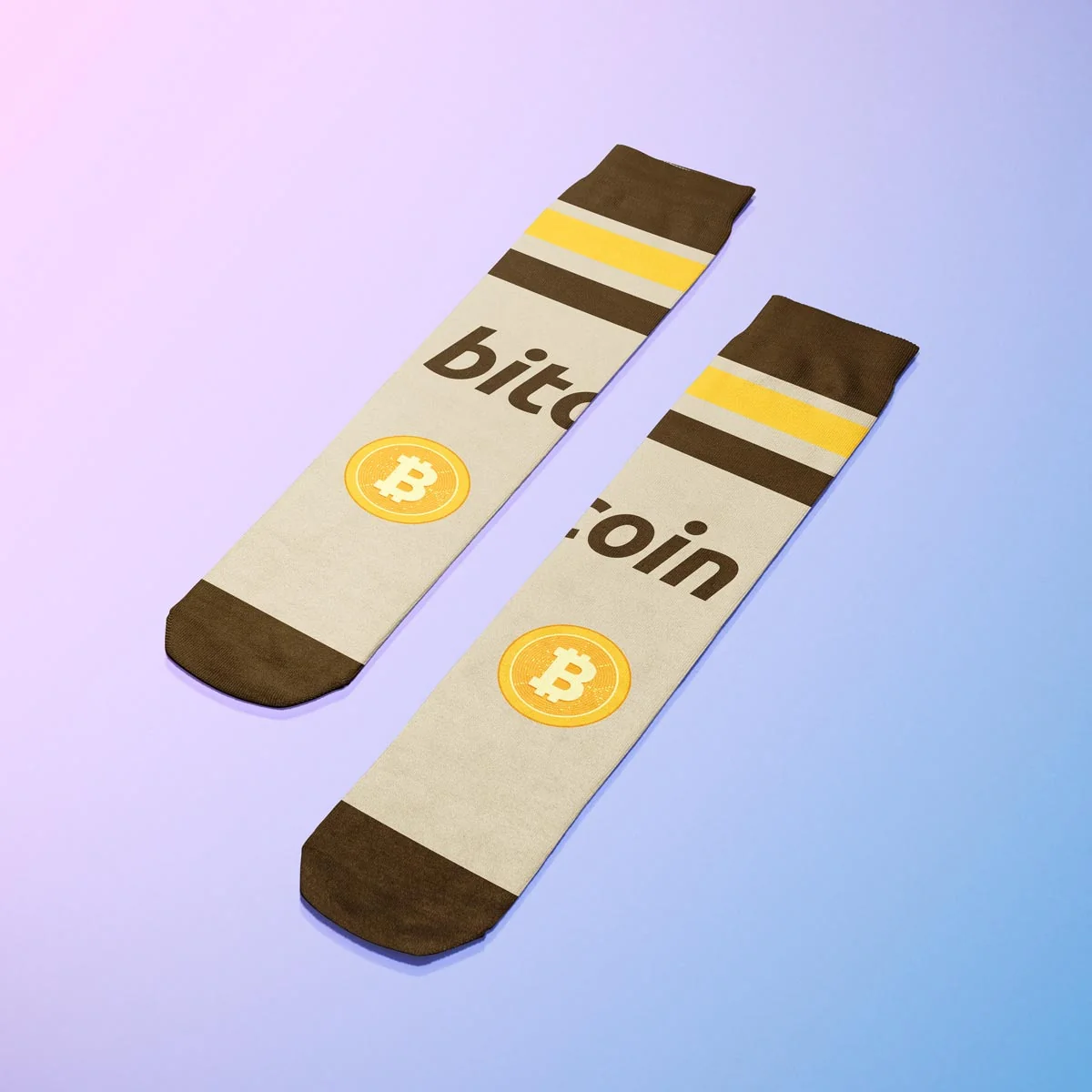 Stylish bitcoin-themed socks with yellow accents on a gradient background