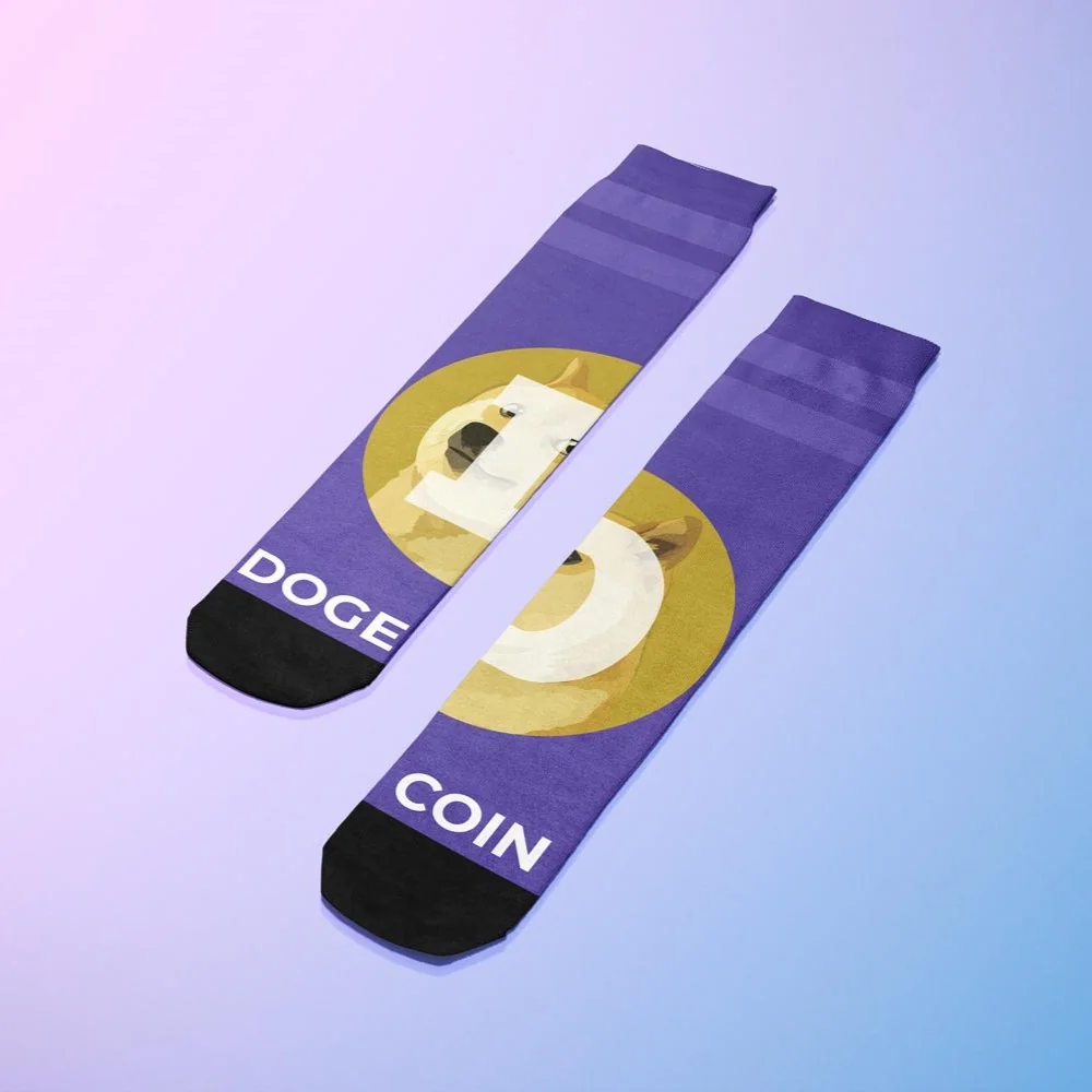 Doge-themed socks featuring Dogecoin logo in purple and gold design, stylish and fun for crypto fans.