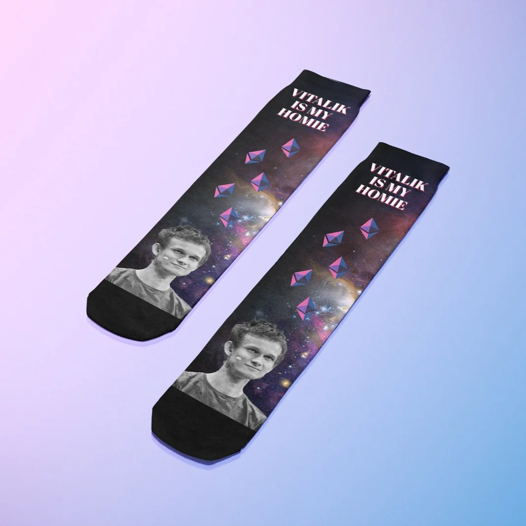 Unique socks featuring vibrant space design and text 'Vitalik Is My Homie'