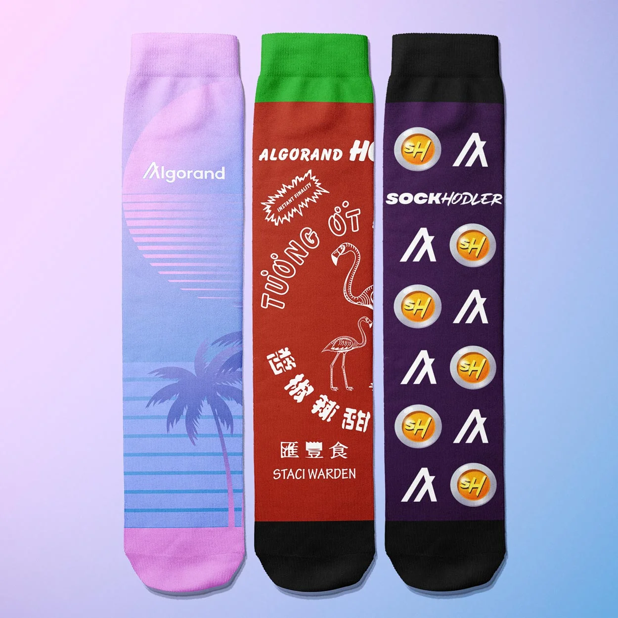Colorful socks featuring Algorand branding and fun graphics for a stylish and trendy look.