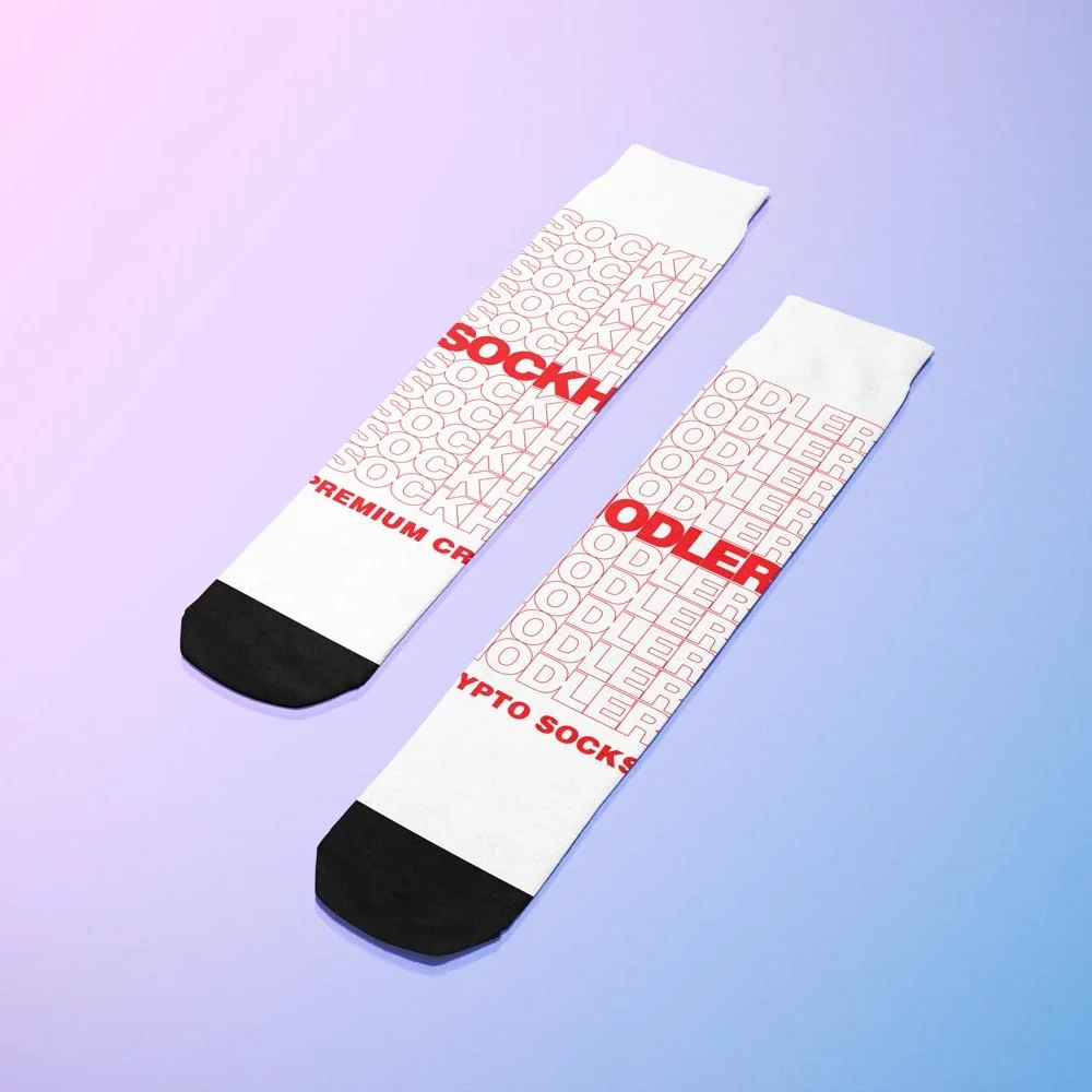 Stylish crypto-themed socks with bold text on a gradient background.