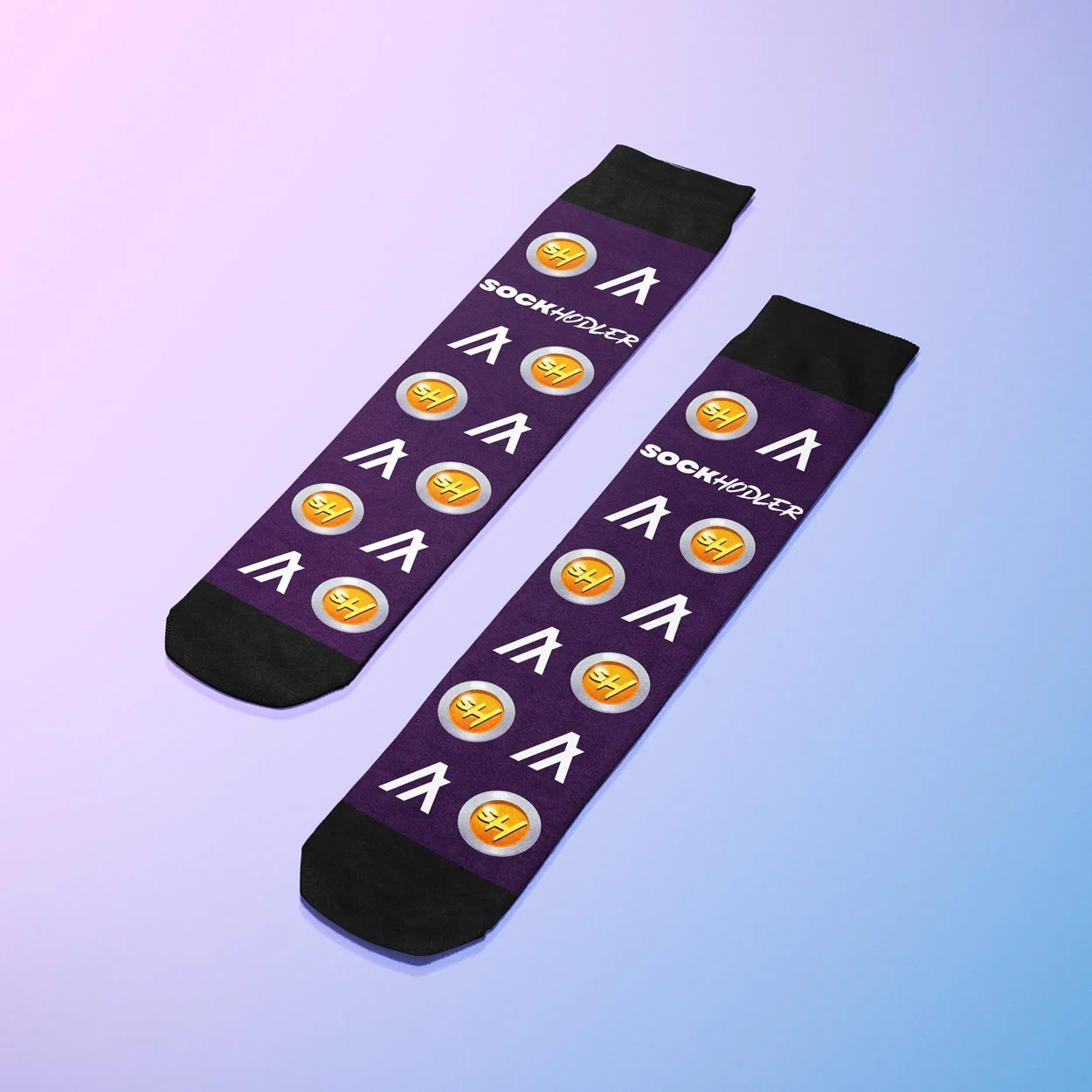 Colorful purple socks with circular designs, featuring the text 'SOCKHODLER' and playful patterns.