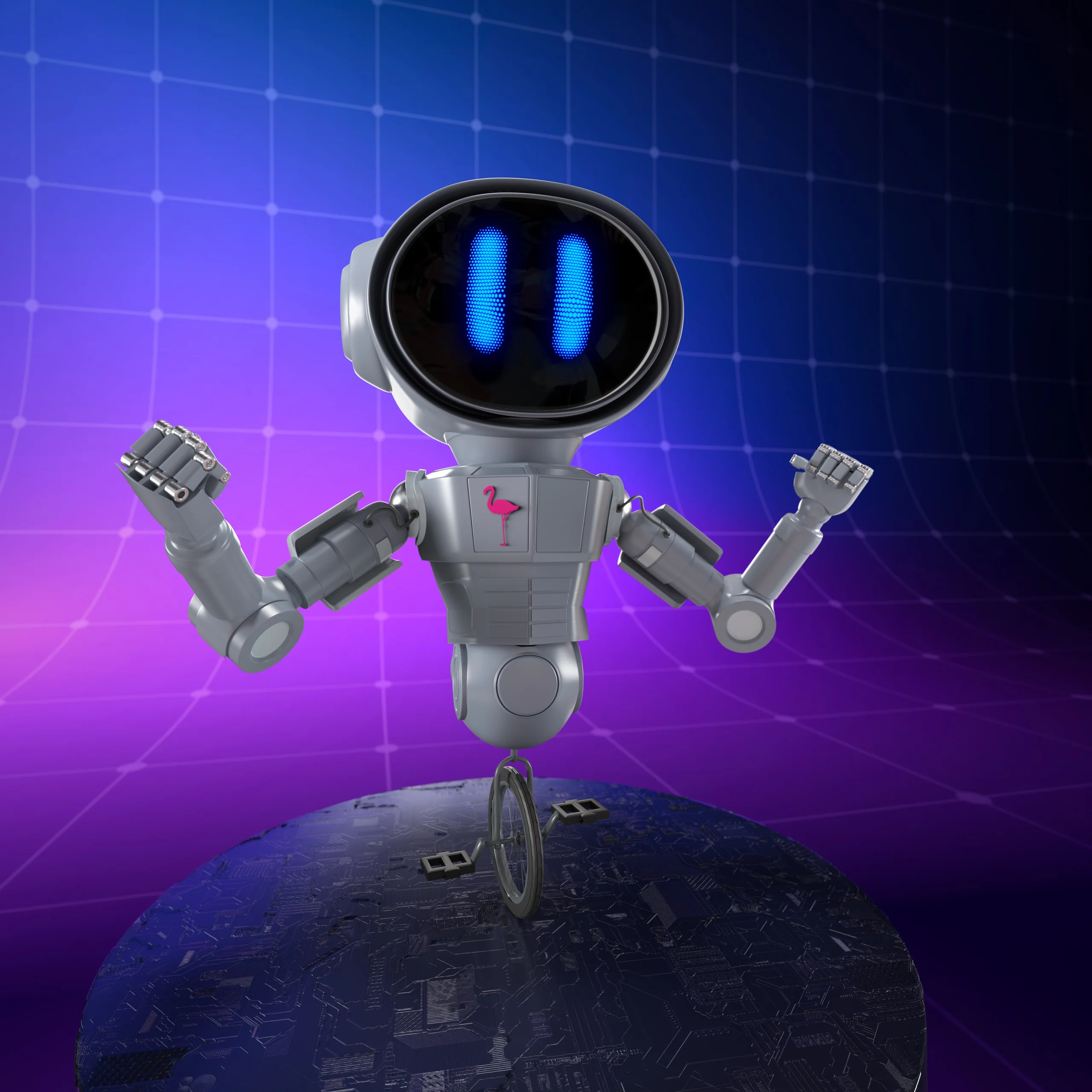 Cute robot with blue eyes stands on one wheel, against a purple digital background.