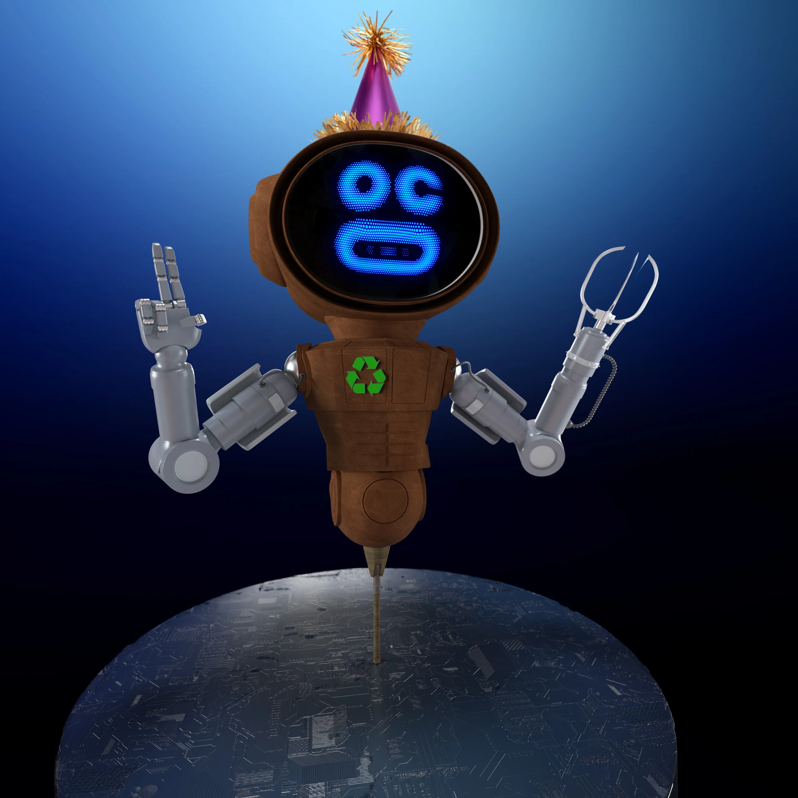 Festive robot character with a party hat, recycling symbol, and digital facial features on a tech-themed base.