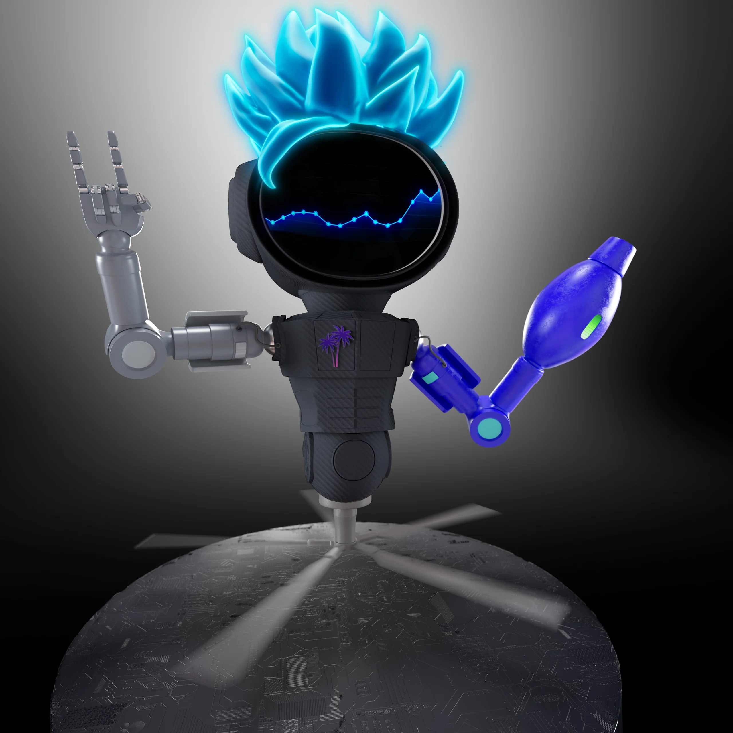 Futuristic robot with blue spiky hair and a metallic body, striking a playful pose on a tech-themed base.