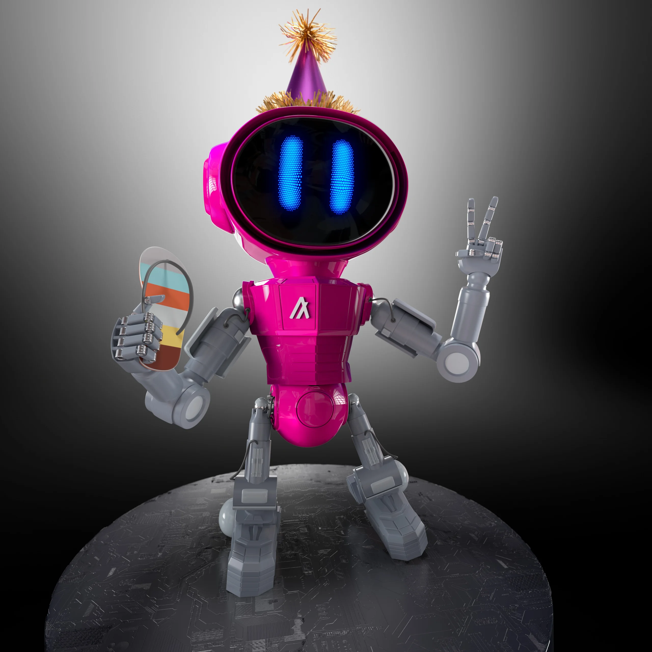 A cheerful pink robot with a party hat holding a drink and making a peace sign against a grey background.