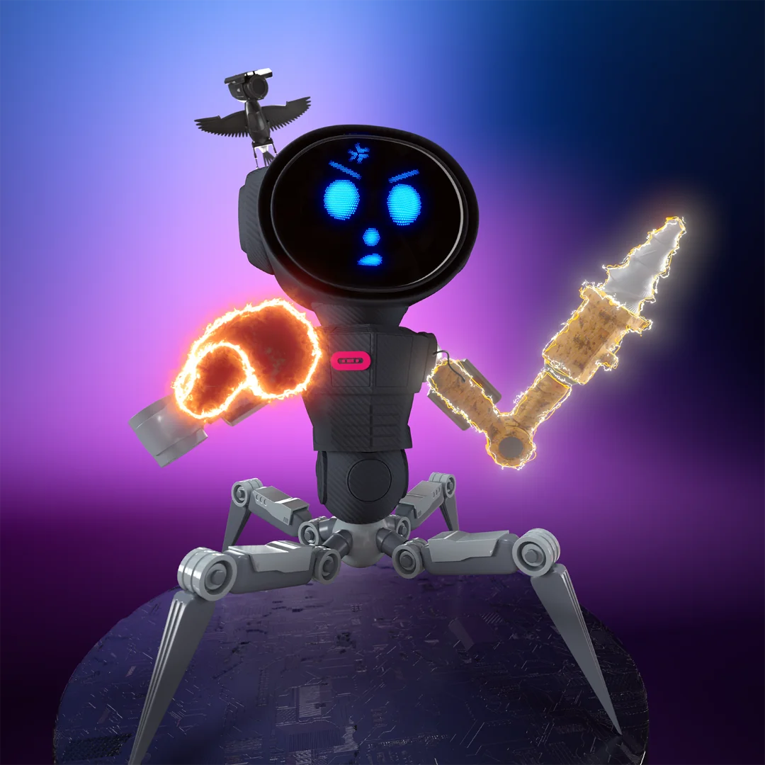 Futuristic robot with fiery arm and mechanical features, set against a vibrant purple background.