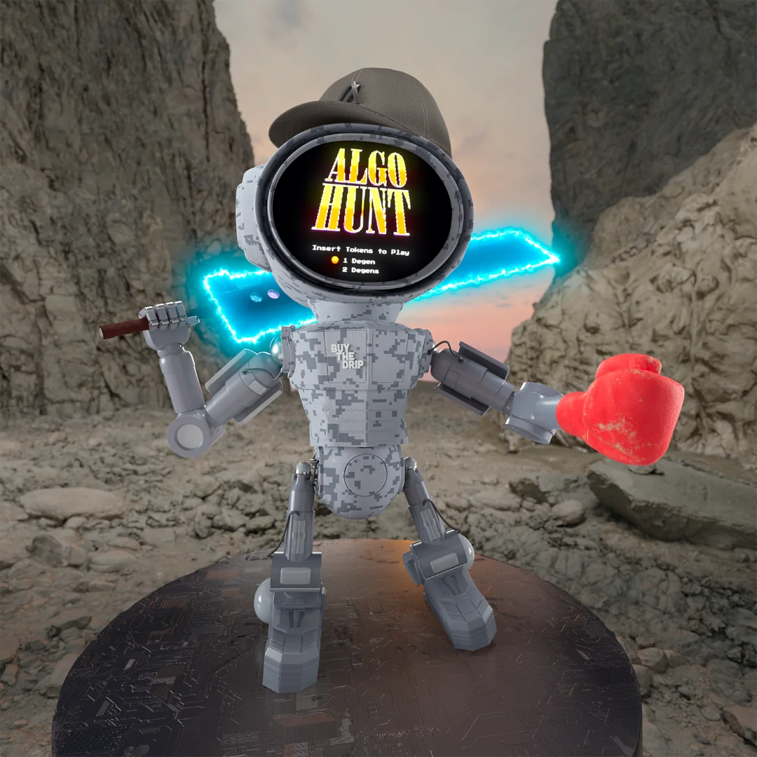 A robot with a game screen and glowing sword, promoting 'Algo Hunt' in a rocky landscape.