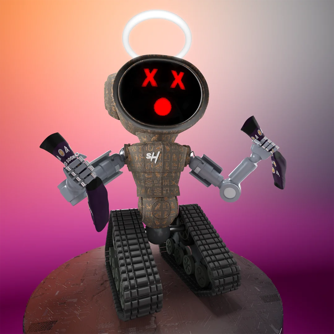 3D robot character with a halo, black eyes, and tank treads on a colorful gradient background.
