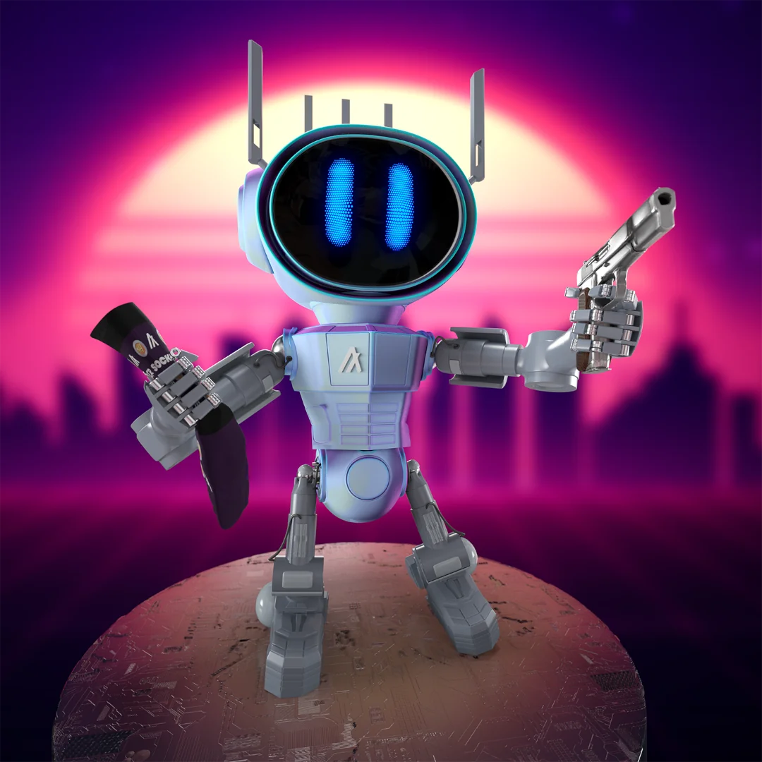 Stylized robot character holding a gun and a sock against a vibrant retro city background.