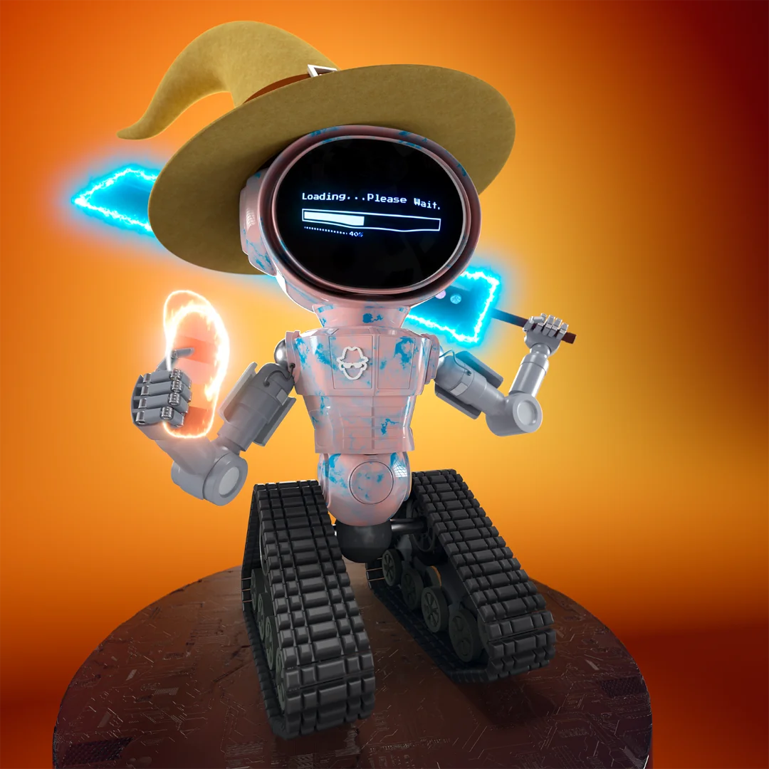 Colorful robot with a wizard hat, holding a glowing sword and orb, against a vibrant orange background.