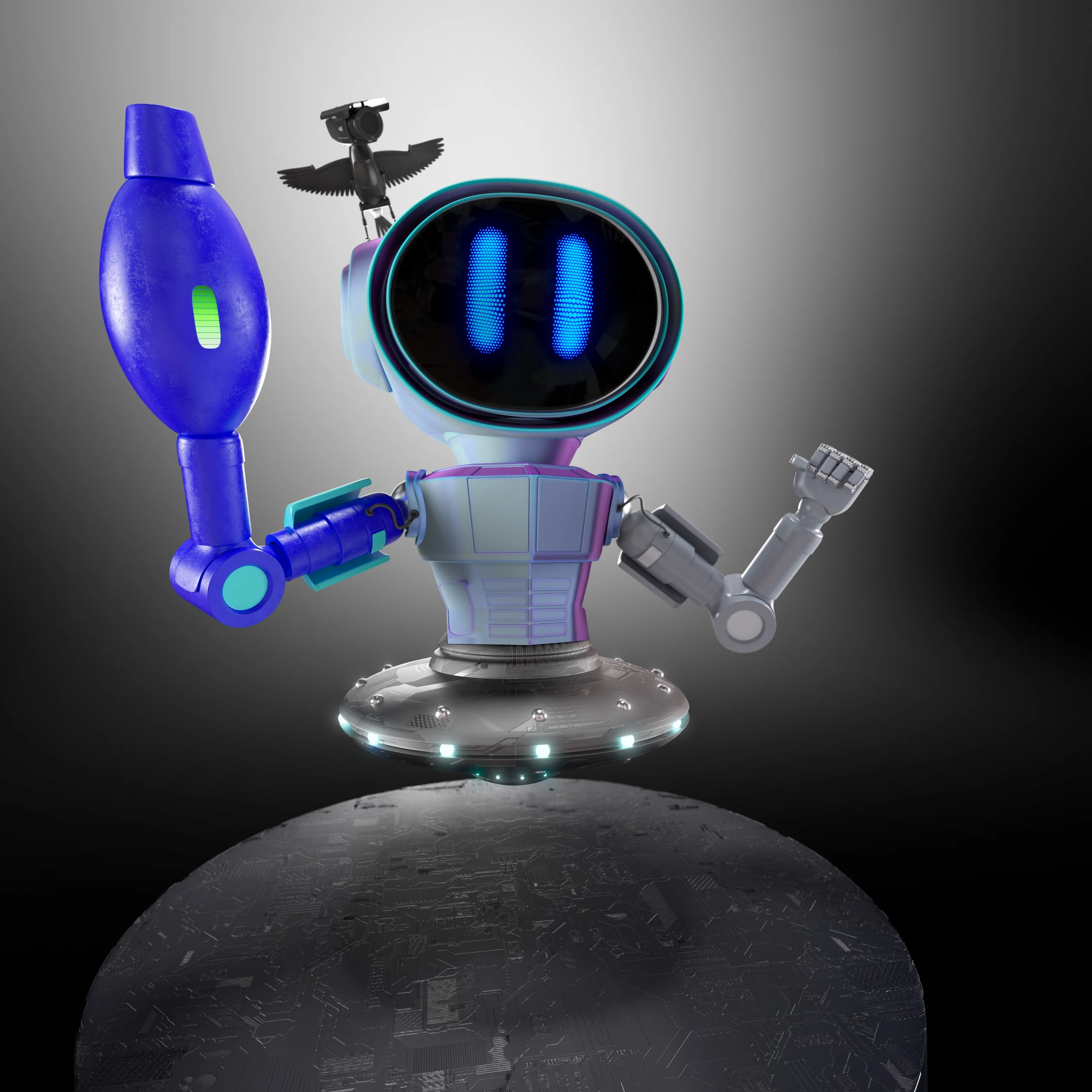 A colorful robot character standing on a circular base, with a spaceship design and glowing features.