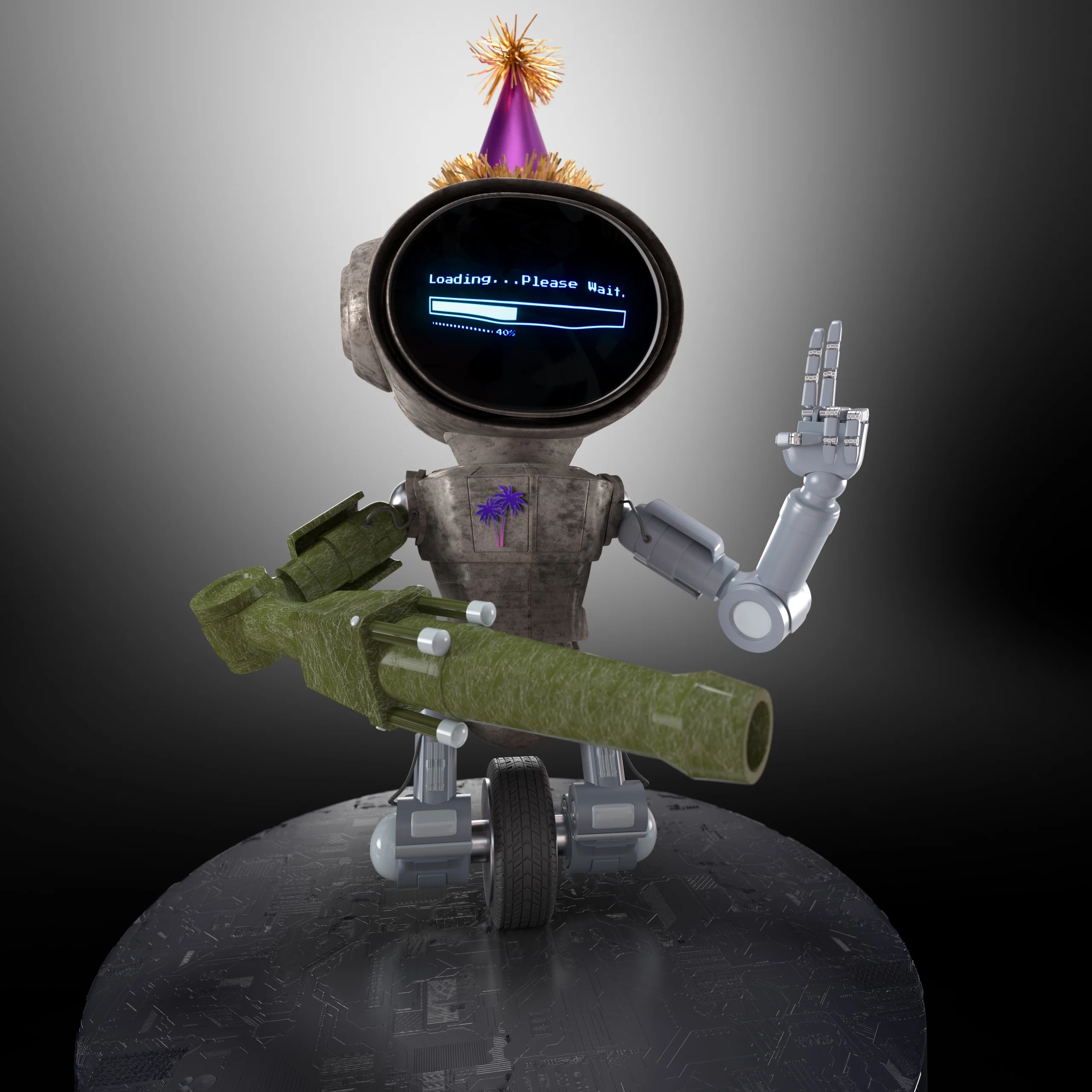 Robot character holding a green cannon, wearing a party hat with a loading screen on its face.