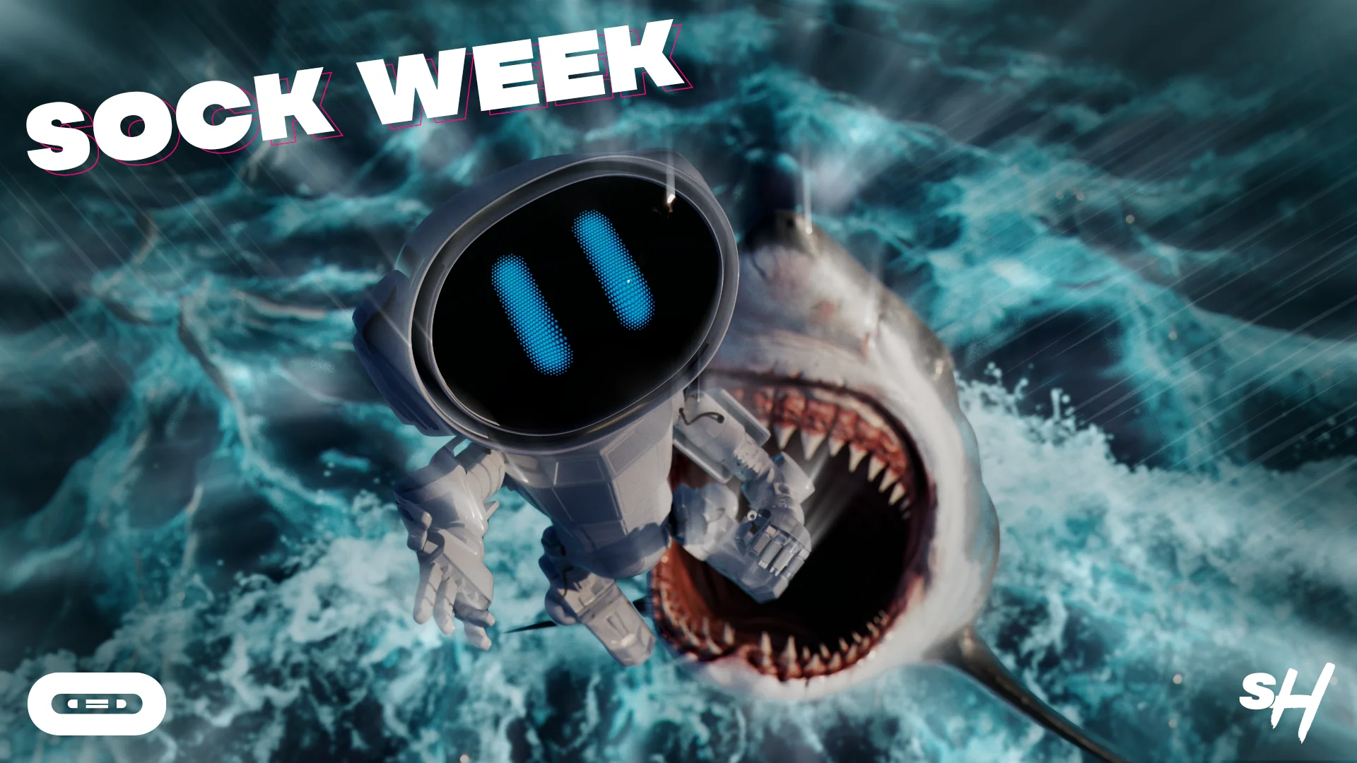 A robot amidst turbulent waters with a giant shark in the background, promoting Sock Week event.