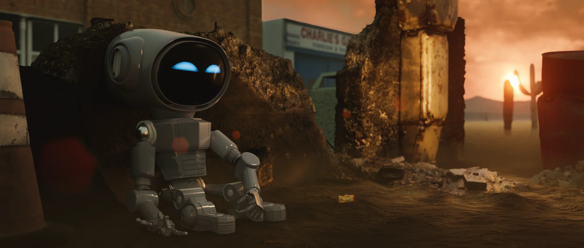 A cute robot sitting in a desolate landscape at sunset, surrounded by debris and cacti.