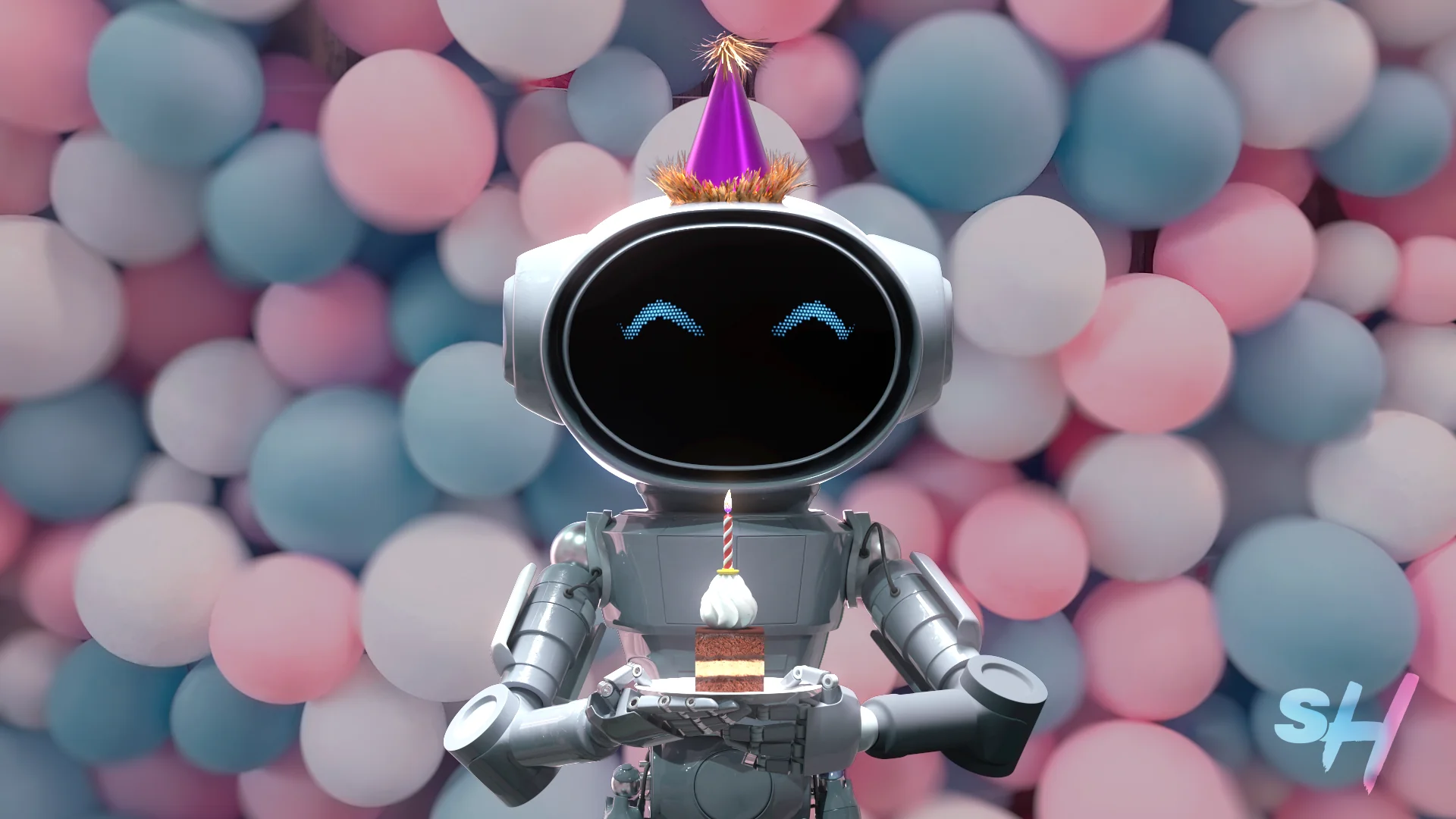 Cute robot with cake and birthday hat against colorful balloon backdrop.