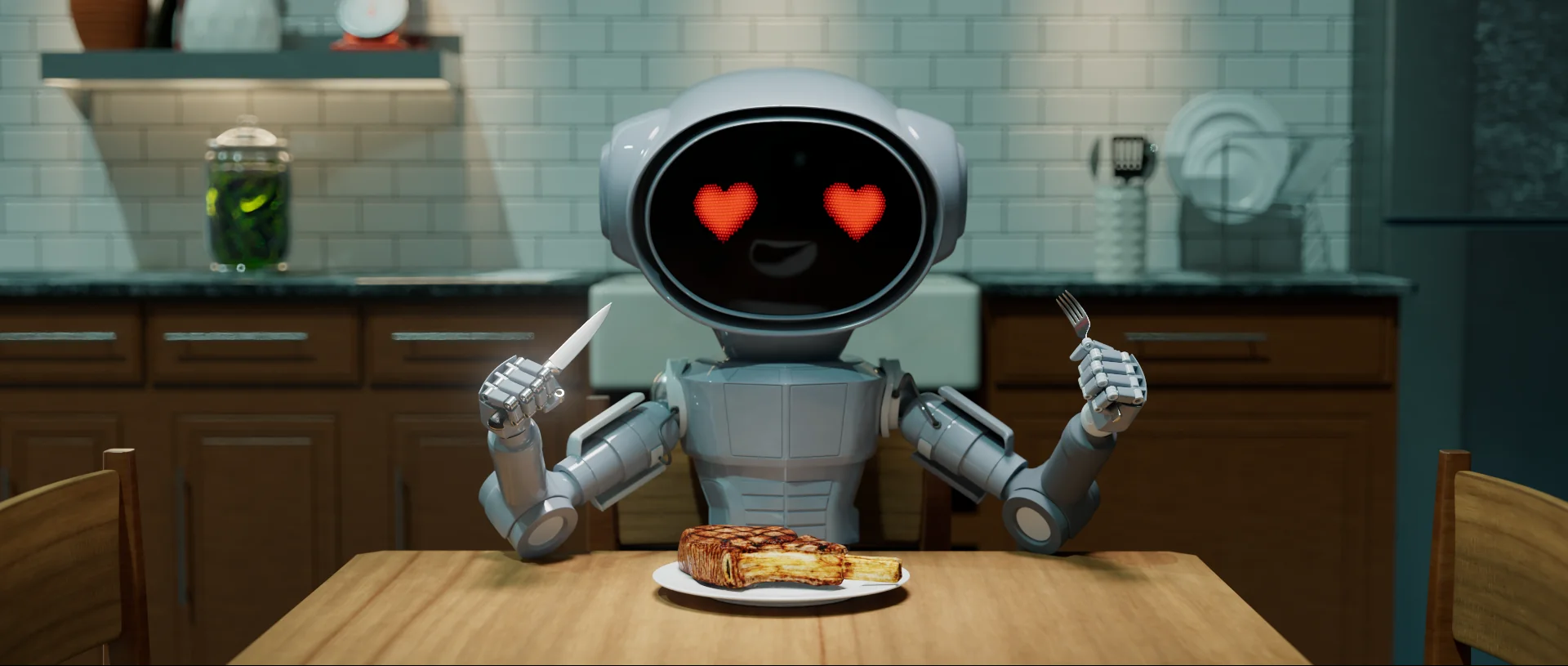 Robot character joyfully preparing to eat a delicious meal in a modern kitchen setting.