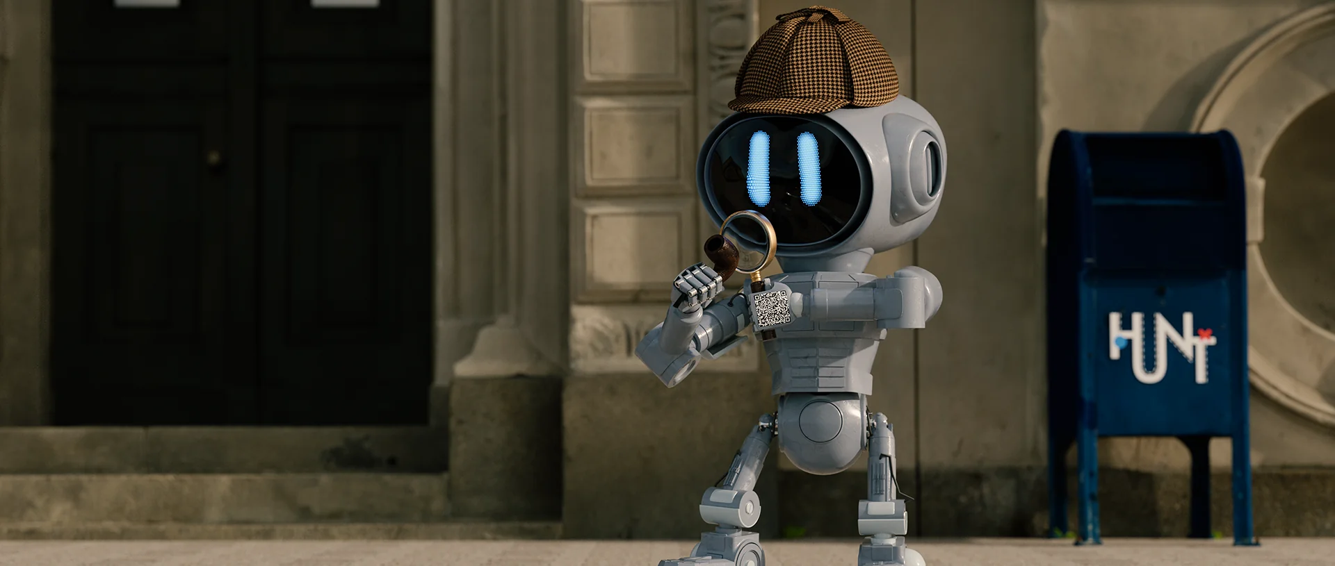 A cute robot detective wearing a hat with a magnifying glass, standing near a mailbox.