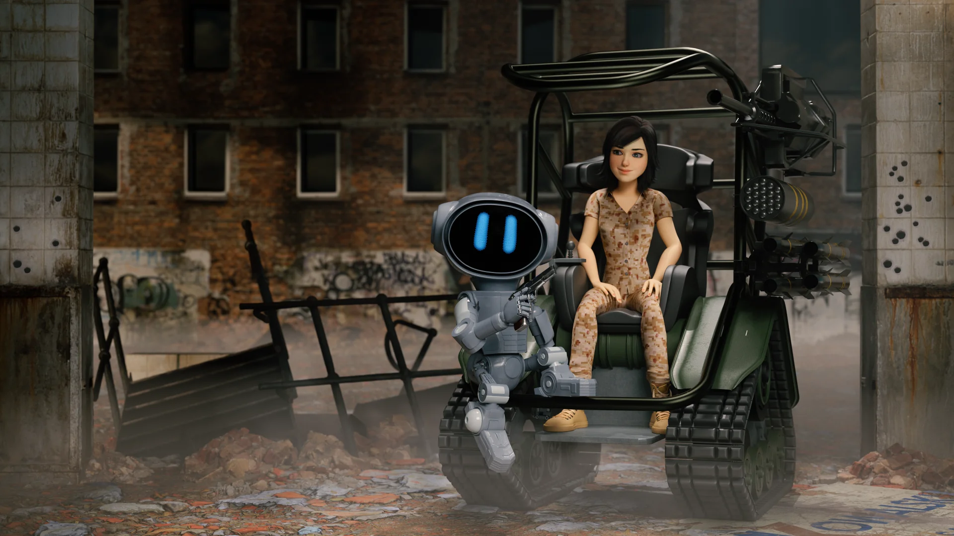 A female character and a robot sit in an armored vehicle amidst a gritty urban environment.