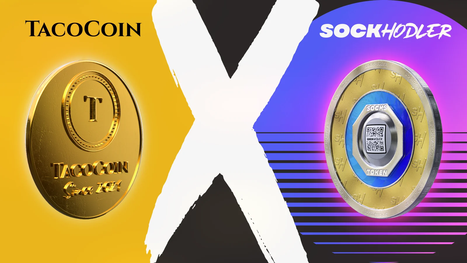 TacoCoin and SockHodler tokens featured in a vibrant digital graphic design.