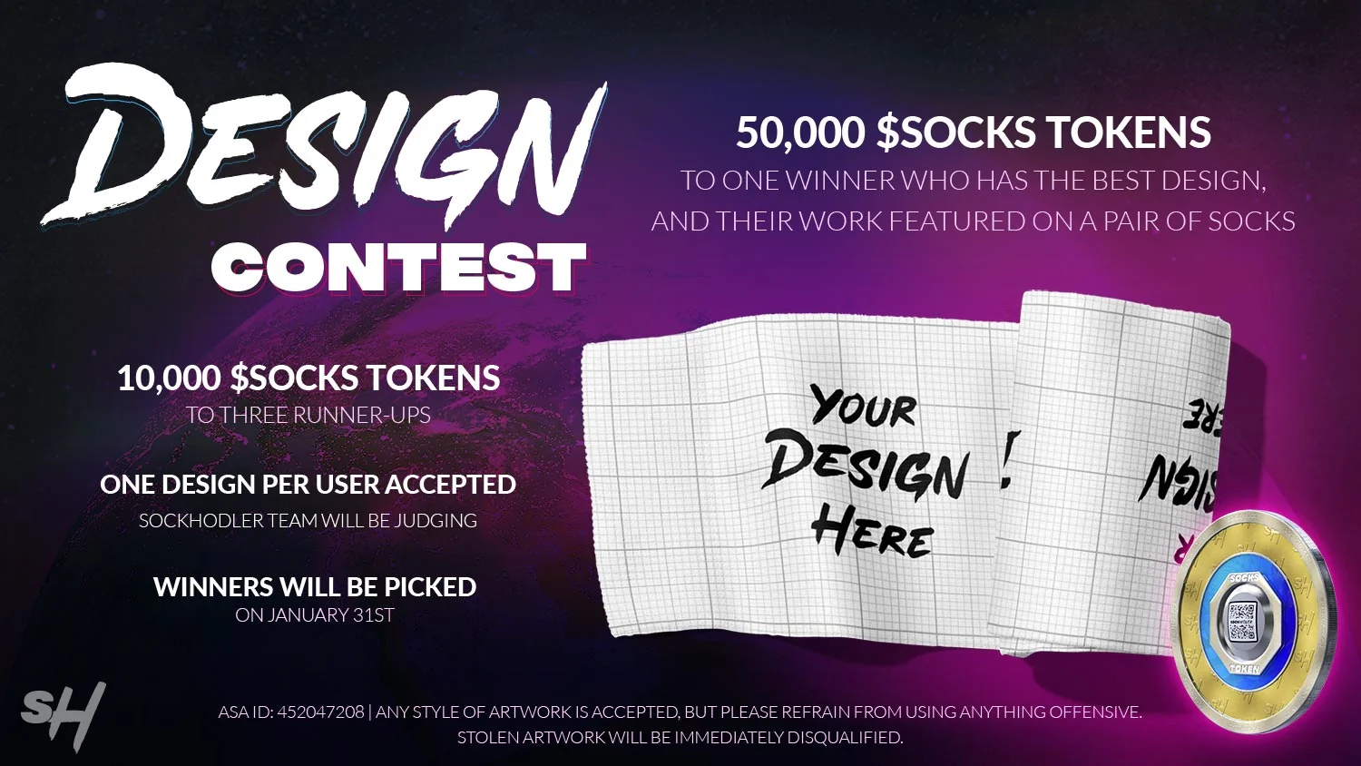 Announcement for a sock design contest offering $Socks tokens as prizes for best designs.