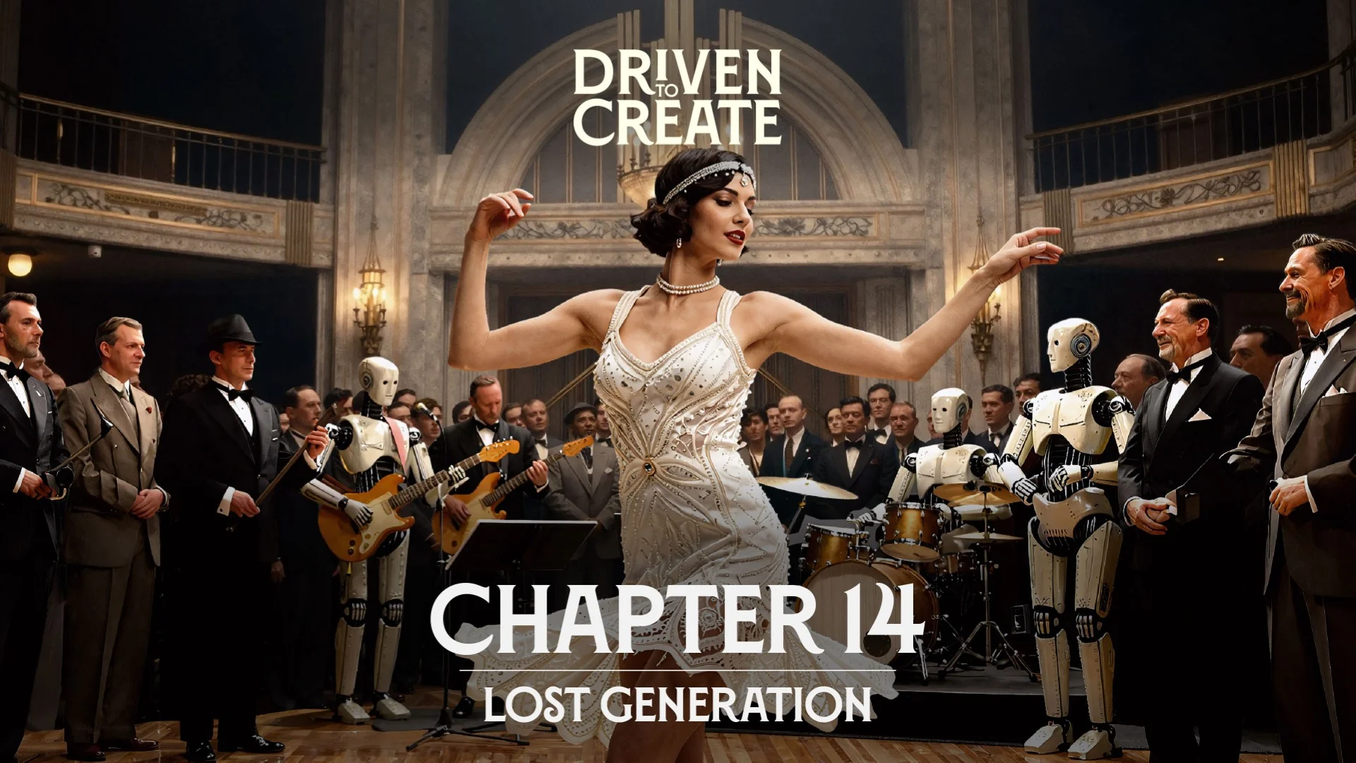 Elegant woman dances in a grand venue with robots and musicians, showcasing creativity and style.