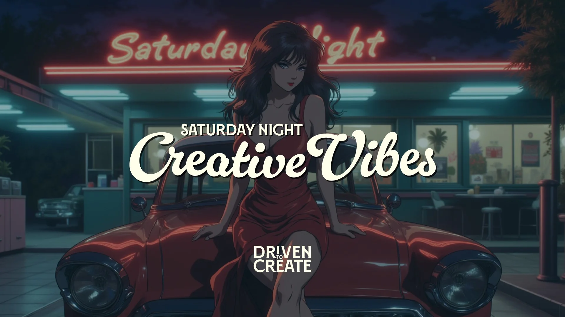 Retro-style illustration of a woman in red dress by a vintage car at a diner, evoking Saturday night vibes.