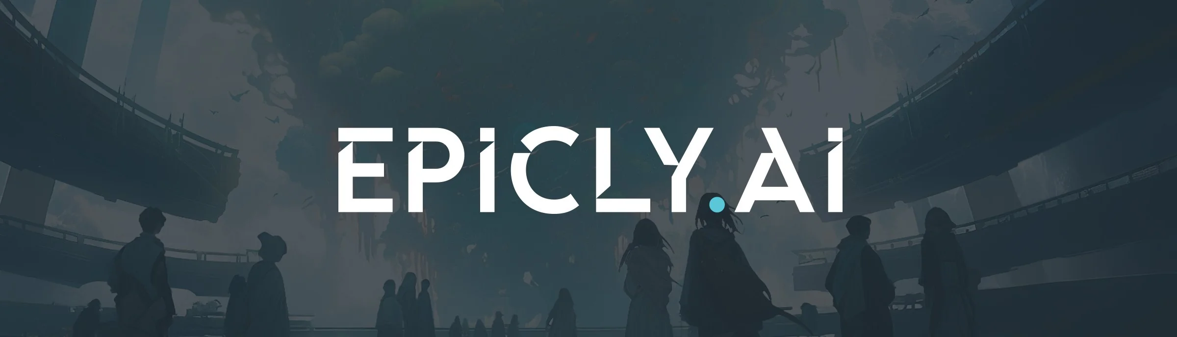 EPICLY.AI logo with a futuristic background and silhouettes of people exploring a digital world.