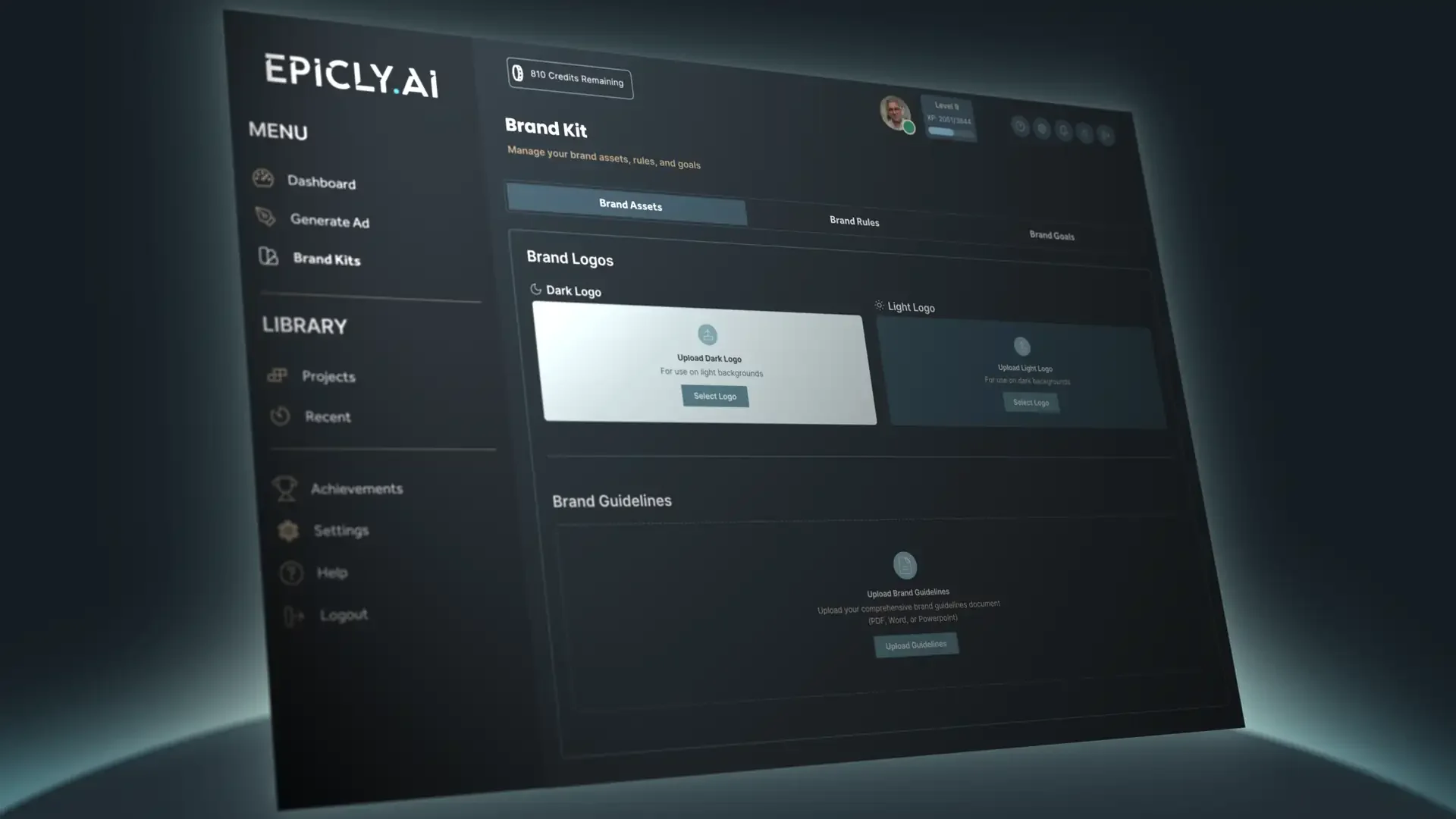 Epicly.AI interface showing brand kits, logos, and guidelines management tools.