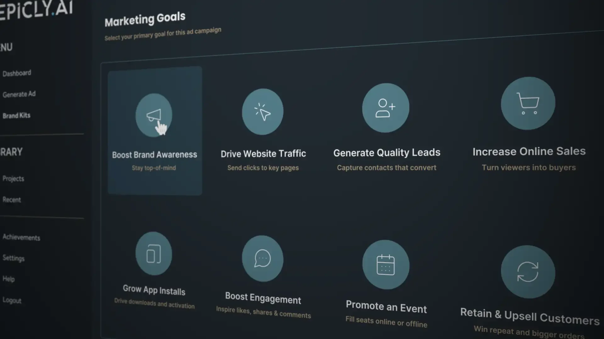 Dashboard showing marketing goals: Boost Brand Awareness, Drive Website Traffic, Generate Quality Leads
