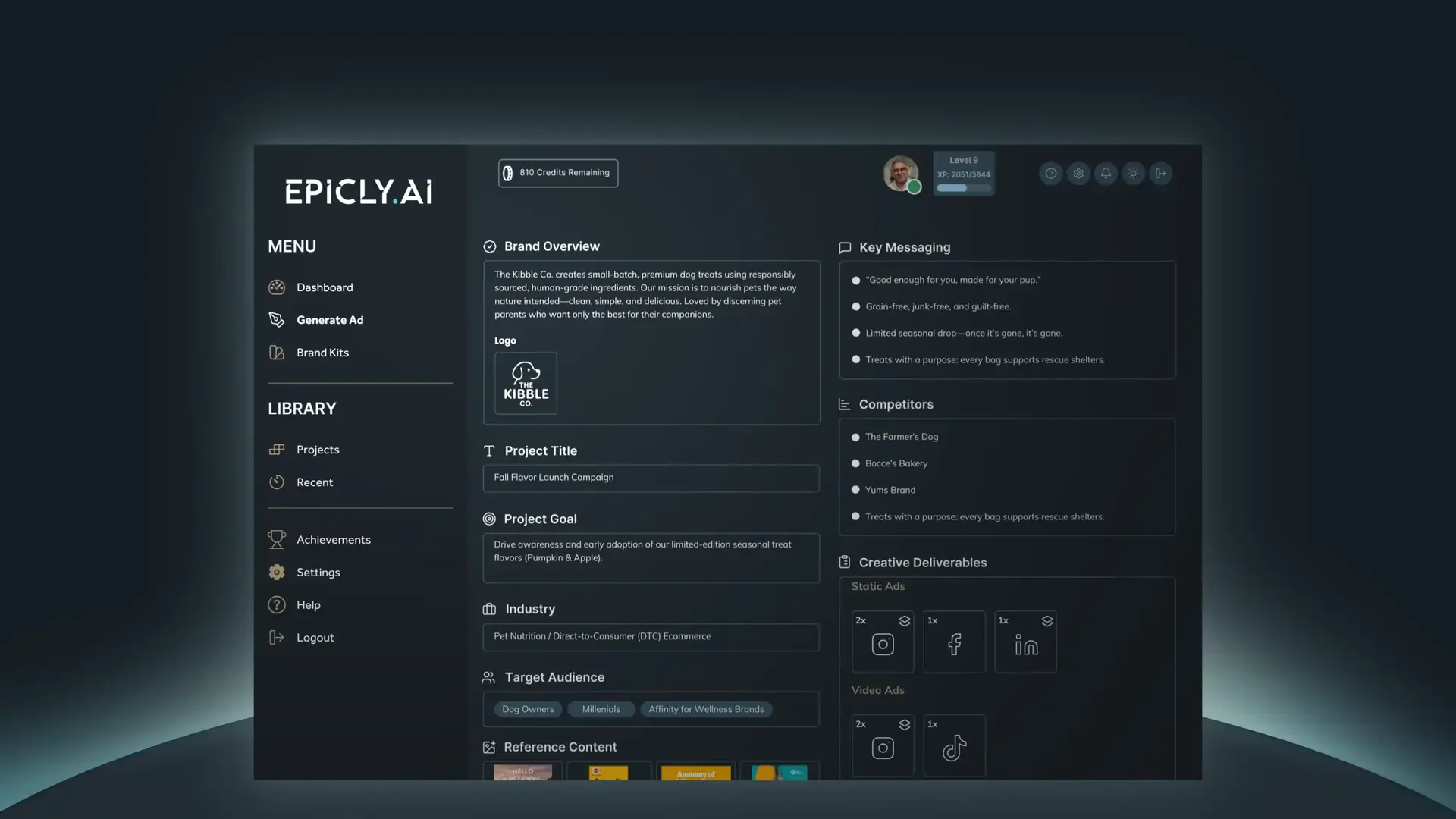 Epicly.ai dashboard for pet nutrition campaign showcasing brand overview and project details.