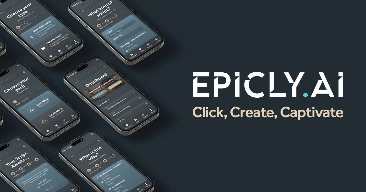 Mobile app interface for Epicly.AI with content creation options displayed.